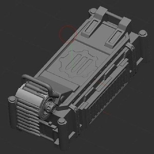 Może przedstawiać: Szary, prostokątny mechanizm z wzorem w kształcie koła zębatego na górze. Urządzenie posiada cylindryczny element na jednym końcu oraz różne detale konstrukcyjne, w tym uchwyty i panele. Ogólny design sugeruje solidną, przemysłową estetykę.