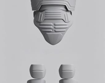 May include: A light gray protective body armor set consisting of a chest piece with integrated shoulder guards and a separate abdominal plate, accompanied by a pair of matching light gray shin guards with rounded knee protection sections.