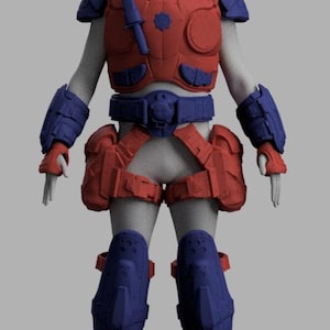 May include: A full-body suit of armour featuring a red chest plate, shoulder guards, and thigh pouches, contrasted with blue shoulder caps, forearm guards, a belt, and shin guards. The armour includes a small knife attached to the chest plate.