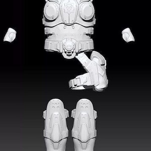 Może przedstawiać: Biały, trójwymiarowy model drukowany futurystycznego pancerza, w tym elementu na klatkę piersiową, ochraniaczy na nogi i ochraniaczy na ręce.