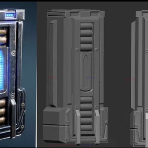 Może przedstawiać: Trójwymiarowy model futurystycznego, metalowego, prostokątnego pudełka z niebieskim panelem świetlnym i szeregiem cylindrycznych przedziałów. Pudełko zostało zaprojektowane z fakturowaną powierzchnią i skomplikowanymi detalami.