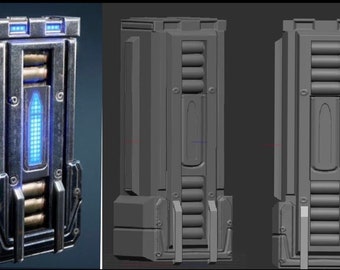May include: A 3D model of a futuristic, metallic, rectangular box with a blue light panel and a series of cylindrical compartments. The box is designed with a textured surface and intricate details.