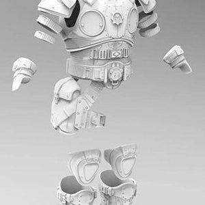 Puede incluir: Un conjunto de armadura futurista desmontada, de color claro. El conjunto incluye una pieza para el pecho, hombreras, guanteletes, armadura para las piernas, rodilleras y botas. La armadura tiene un diseño mecánico detallado con remaches y acentos circulares. También se incluyen unas gafas.