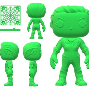 May include: A green vinyl figure of a person in a flight suit, with the name "FERRO" visible. The figure has a large head and small body, with multiple views of the figure and a stand.