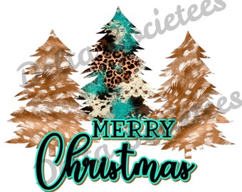 Könnte beinhalten: Drei Weihnachtsbäume mit der Aufschrift "Frohe Weihnachten". Die Bäume sind mit einem braunen und weißen Tiermuster, einem Leopardenmuster und einem türkisfarbenen und weißen Glitzermuster verziert.