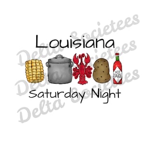 Puede incluir: Una ilustración en blanco y negro de una olla, una mazorca de maíz, un cangrejo de río, una patata y una botella de salsa picante. El texto "Louisiana Saturday Night" está debajo de la ilustración.