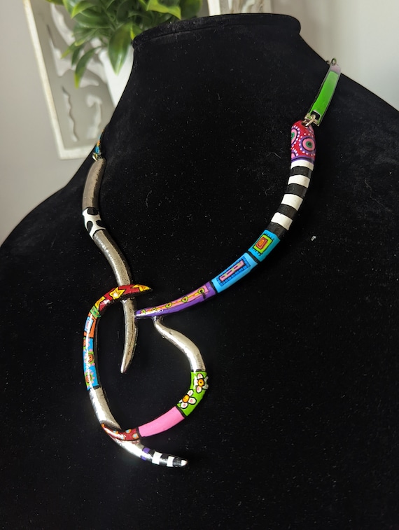 Vintage Silver Handpainted Statement Necklace - image 2