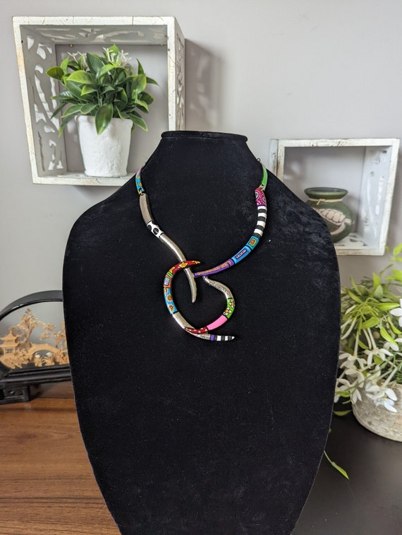 Vintage Silver Handpainted Statement Necklace - image 1