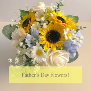 Regalo de flores del día del padre para papá Girasoles Flores silvestres Arreglo de flores falsas Tarjeta personalizada hecha a mano Caja de flores hecha a pedido especial