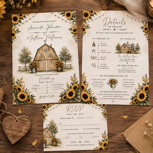 May include: A wedding invitation suite featuring a rustic barn illustration, sunflowers, and string lights. The text includes names Amanda Johnson and Matthew Williams, event details, a timeline, and an RSVP card with a September 10, 2025 deadline.