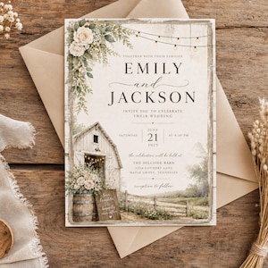 May include: A wedding invitation card featuring a rustic barn illustration, string lights, and floral accents. The text reads Emily and Jackson, invite you to celebrate their wedding, Saturday June 21 2025, at 4:30 PM, The Hillside Barn, 1214 Country Lane, Maple Grove, Tennessee.