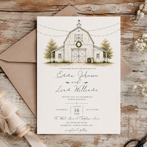 May include: A white wedding invitation card featuring a detailed illustration of a barn with a wreath, string lights, and trees. The text reads: Emma Johnson and Liam Williams, invite you to celebrate their wedding, Saturday August 16 2026 at 4:00 PM, The White Barn at Sunflower Acres, 123 Country Road, Harmony, North Carolina, reception to follow.