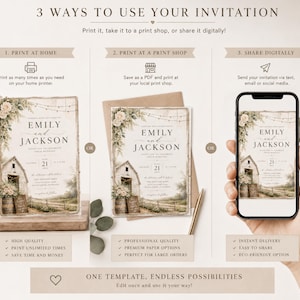以下が含まれることがあります： 3 WAYS TO USE YOUR INVITATIONというタイトルの説明用グラフィック。納屋と花のイラストが描かれた結婚式の招待状テンプレートが表示されています。自宅での印刷、印刷店での印刷、デジタル共有という3つの方法が示されています。