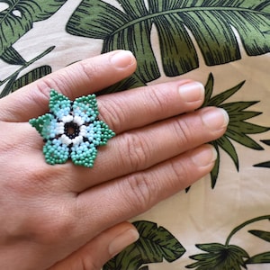 Beautiful Handmade Huichol Ring, Boho Mexican Chaquira, Beadwork Ring, Colourful Flower Ring