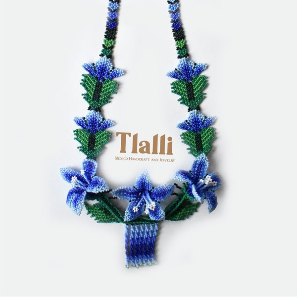 Huichol Beaded Necklace - Native American Blue Necklace  - Ethnic - Boho - Hippie  / Tlalli