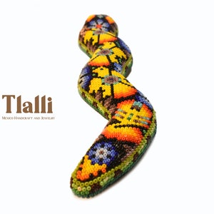 Beaded snake sculpture, eagle drawing, handmade huichol art