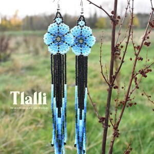 Blue Flower Huichol Earrings, Boho Beaded Earrings, Floral Jewelry