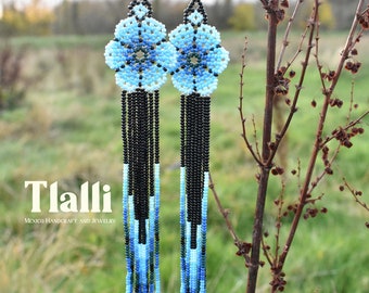 Blue Flower Huichol Earrings, Boho Beaded Earrings, Floral Jewelry