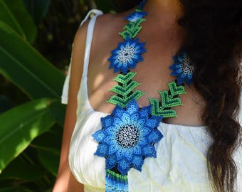 Sunflower Necklace in Blue - Ethnic Mexican beadwork - Boho