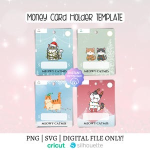 Puede incluir: Cuatro plantillas digitales para tarjetas de regalo con ilustraciones de gatos. Cada tarjeta presenta un diseño de gato diferente con decoraciones navideñas y el texto "MEOWY CATMIS". Las tarjetas son en tonos de azul, verde y rosa.