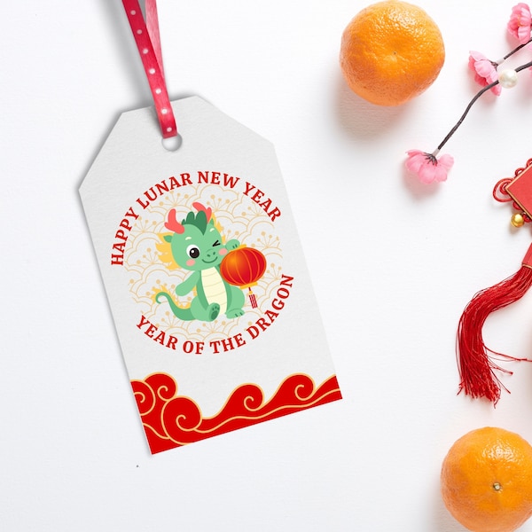 Chinese New Year Gift Tag Template, Cookie Tags, Lunar New Year, Year Of The Dragon, Sweet Treat Printable Sticker For Kids