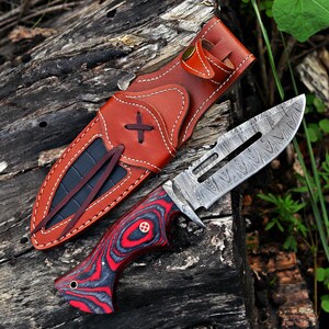 Knives - Handmade knife - Small Bowie Knife - Damascus Hunting knife - Personalized knife gift for him - Gift for men - Birthday gift Red + Black Wood