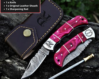 Navaja de bolsillo de Damasco hecha a mano con mango de madera rosa. Regalo ideal para bodas, aniversarios o cumpleaños. Regalo personalizado para ella. Regalo para el Día de la Madre.