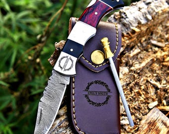 Personalized Handmade Damascus Pocket Knife, Camping gift for Husband, Groomsmen Gifts Anniversary Gift for Him, Dad, Custom Men Gifts
