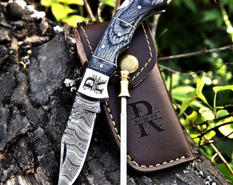 Personalized Handmade Damascus Pocket knife wood handle Custom Groomsmen Gift Anniversary gift for him wedding gift Birthday gift