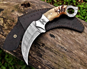 Cuchillo de caza Karambit hecho a mano y funda. Cuchillo de caza Karambit de Damasco Valorant. Regalo moderno personalizado para él. Regalo artesanal para hombres.