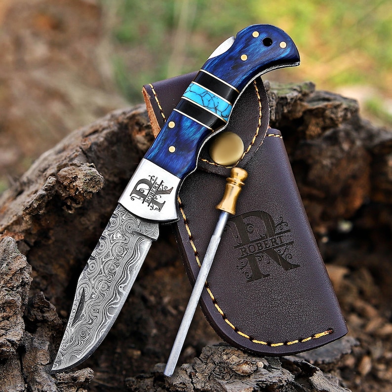 Handmade Damascus Pocket Knife | Bone Handle, 3
