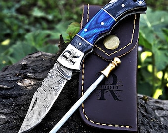 Personalized Handmade Damascus Pocket knife wood handle Custom Groomsmen Gift Anniversary gift for him Fathers day gift Birthday gift