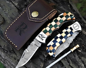 Personalized Handmade Damascus Pocket Knife, Camping gift for Husband, Groomsmen Gifts Anniversary Gift for Him, Dad, Custom Men Gifts