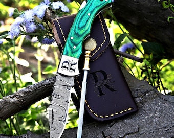 Gepersonaliseerd handgemaakt zakmes met Damascus houten handvat, een cadeau op maat voor de bruidsjonkers, een jubileumcadeau voor hem, een huwelijksgeschenk, een verjaardagscadeau.
