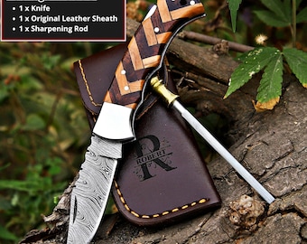 Personalized Handmade Damascus Pocket knife wood handle Custom Groomsmen Gift Anniversary gift for him wedding gift Birthday gift