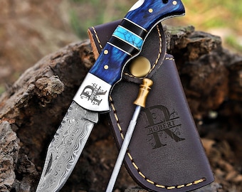 Personalized Handmade Damascus Pocket knife wood handle Custom Groomsmen Gift Anniversary gift for him wedding gift Birthday gift
