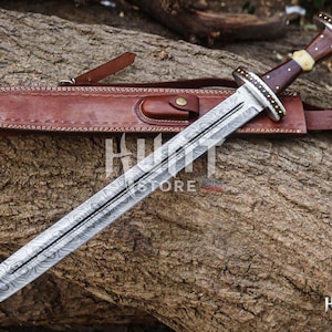 Hanmade Damascus hunting Master sword short sword viking sword sheath gift for him gift for boyfriend wedding anniversary gift for husband
