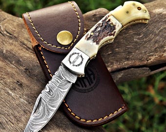 Handmade Damascus Pocket knife in stag Handle Custom Groomsmen Gift Anniversary gift wedding gift for husband Personalized gift for men