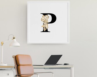 Verzierter Buchstabe - P | Monogramm | Druckbare Initiale | Sofort Download | Schwarz und Gold | Modernes Design