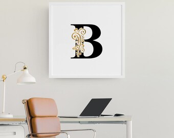 Verzierter Buchstabe - B | Monogramm | Druckbare Initiale | Sofort Download | Schwarz und Gold | Modernes Design