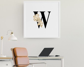 Verschnörkte Buchstaben - W | Monogramm | Druckbare Initiale | Sofort Download | Schwarz und Gold | Modernes Design