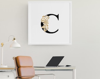 Verzierter Buchstabe - C | Monogramm | Druckbare Initiale | Sofort Download | Schwarz und Gold | Modernes Design
