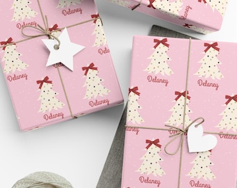 Personalized Christmas Wrapping Paper, Pink Christmas Tree Wrapping Paper with Custom Name, Christmas Gift Wrap, Holiday Wrapping Paper Roll