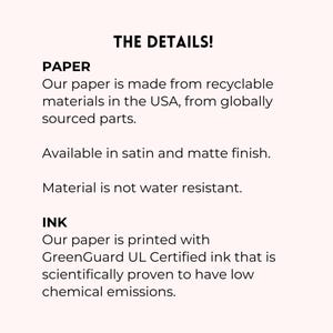 May include: Text on a light pink background reads "THE DETAILS!" followed by information about the paper and ink used. The paper is made from recyclable materials in the USA and available in satin and matte finish.