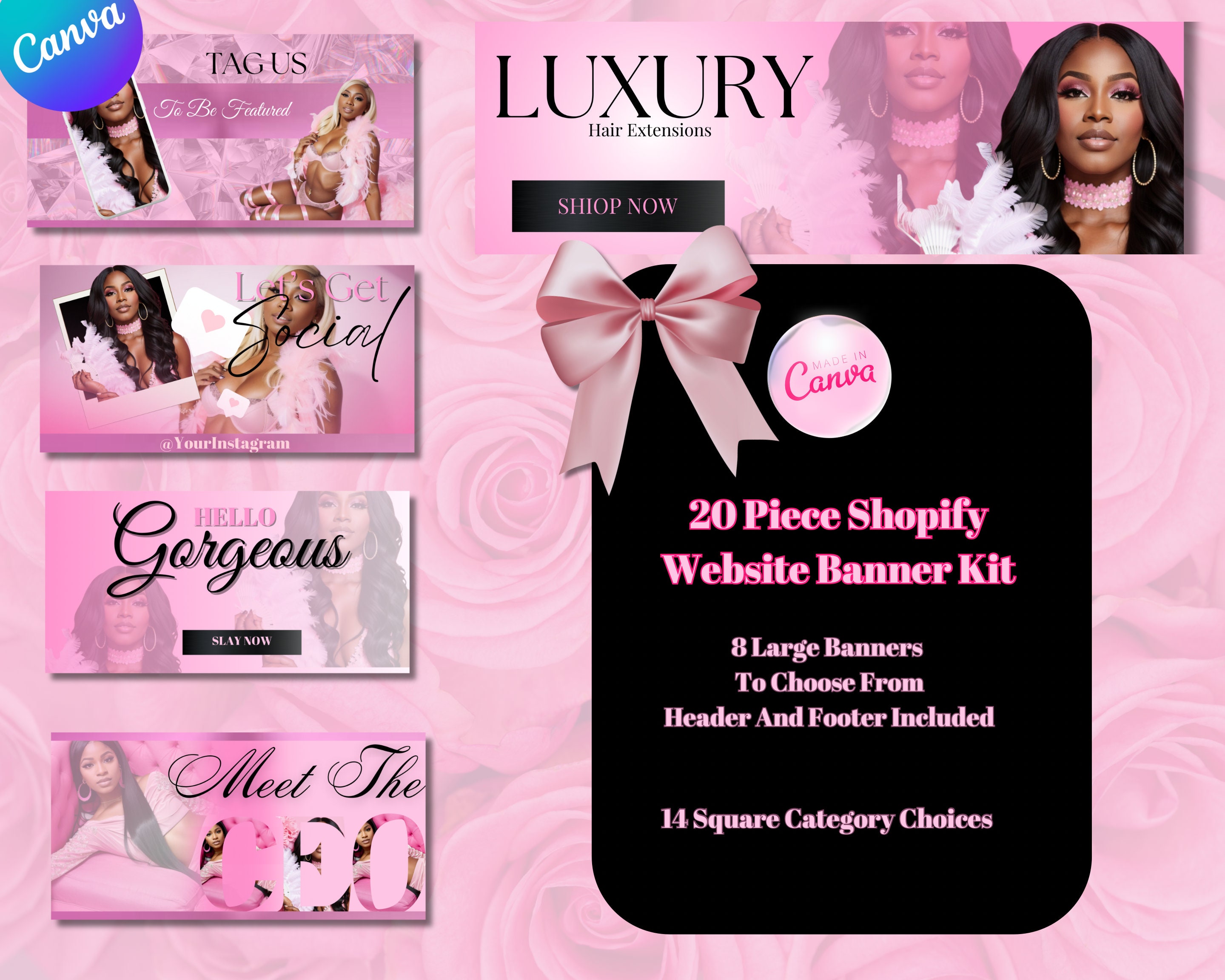 DIY Premade Website Banners Templates Pink Metallic Canva Shopify Wix ...