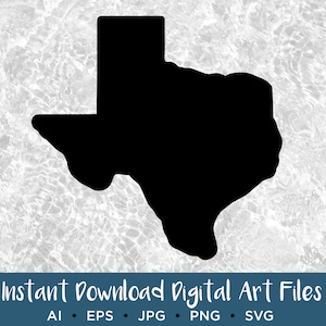 Può includere: Silhouette nera dello stato del Texas. Download immediato di file di arte digitale: AI, EPS, JPG, PNG, SVG.
