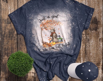 Cat Lover Bleached Shirt, Just A Girl Who Loves Fall And Cats Bleached Shirt, Fall Bleached Shirt, Halloween Bleached Shirt