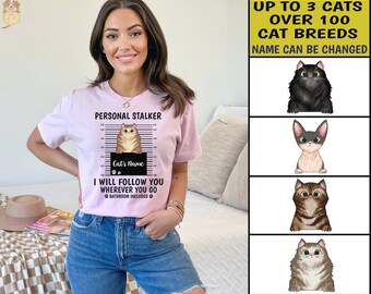 Camiseta personalizada para amantes de gatos, camiseta com nome e imagem do seu gato, camiseta "Eu vou te seguir" para fãs de gatos, presente vintage para quem ama gatos.