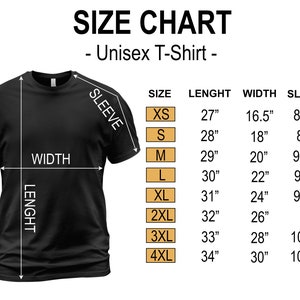 Op de afbeelding: Maattabel voor een unisex t-shirt, met afmetingen in inches voor de maten XS, S, M, L, XL, 2XL, 3XL en 4XL. De tabel toont de lengte, breedte en mouwlengte voor elke maat.