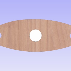May include: Wooden wine bottle holder with two cutouts for holding bottles and a circular cutout in the center.